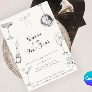 May include: A New Year's Eve party invitation with black and white illustrations of champagne glasses, a disco ball, and a champagne bottle. The text reads "Cheers to the New Year" and includes party details.