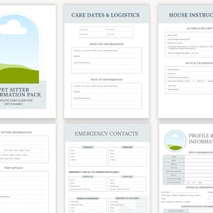 Printable pet sitter instructions PDF and Canva template for dog owners who want a clear, detailed care guide for sitters or boarding facilities. Includes emergency information, daily routines, feeding plans, house access details, and sitter notes, making it easier to leave pets safely and confidently during trips.