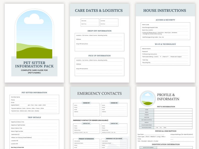 Printable pet sitter instructions PDF and Canva template for dog owners who want a clear, detailed care guide for sitters or boarding facilities. Includes emergency information, daily routines, feeding plans, house access details, and sitter notes, making it easier to leave pets safely and confidently during trips.