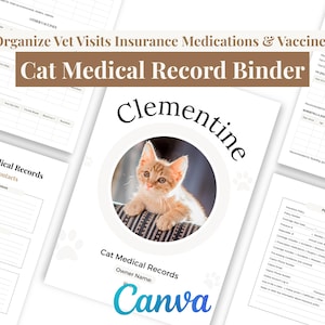 Cat medical record binder template designed to organize veterinary visits vaccinations medications insurance and emergency care. This editable Canva cat health binder includes 18 printable pages for tracking vet contacts vaccination schedules medication logs flea and tick prevention heartworm reminders and spay or neuter records. Ideal for cat owners pet sitters and multi cat households.