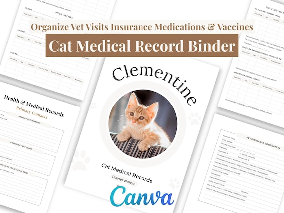 Cat Medical Binder Vet Tracker Health Log Canva Template Digital or Print