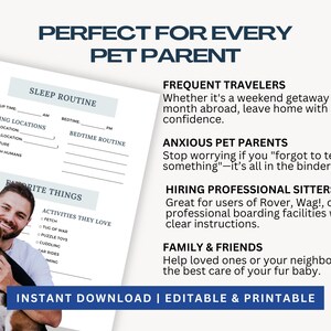 Editable pet care planner for dog sitters featuring emergency vet details, pet poison control info, medication logs, allergies, and health history. This Canva dog sitter guide helps keep pets safe by centralizing all medical and emergency information in one easy-to-share digital or printable document.