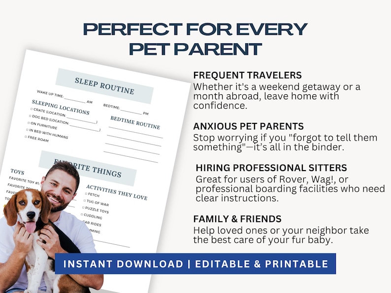 Editable pet care planner for dog sitters featuring emergency vet details, pet poison control info, medication logs, allergies, and health history. This Canva dog sitter guide helps keep pets safe by centralizing all medical and emergency information in one easy-to-share digital or printable document.