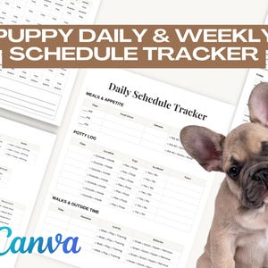 Op de afbeelding: Een puppy-schedeltracker met de tekst "PUPPY DAILY & WEEKLY SCHEDULE TRACKER" in een bruine banner. De tracker bevat secties voor maaltijden, potjes, wandelingen en activiteiten. Een lichtbruine puppy met grote oren staat op de afbeelding.