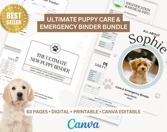 May include: A collection of printable puppy care and emergency binder pages. The bundle includes a guide, daily care sheets, and medical information templates. The text reads "Ultimate Puppy Care & Emergency Binder Bundle" and "The Ultimate New Puppy Binder". A golden retriever puppy is also featured.
