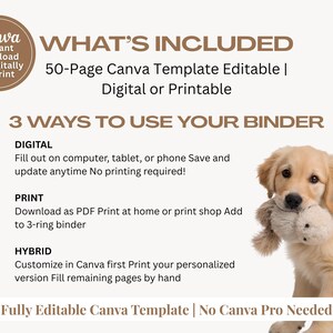 New puppy binder digital download featuring step-by-step guidance for potty training, crate training, feeding schedules, hydration tracking, allergy logs, and behavior monitoring. This Canva-editable puppy planner helps new dog owners create structure and confidence during the first year.