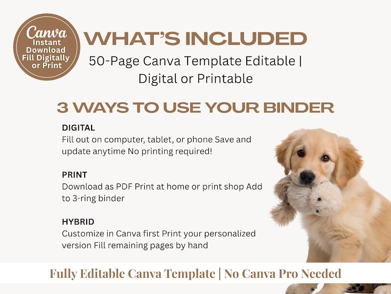 New puppy binder digital download featuring step-by-step guidance for potty training, crate training, feeding schedules, hydration tracking, allergy logs, and behavior monitoring. This Canva-editable puppy planner helps new dog owners create structure and confidence during the first year.