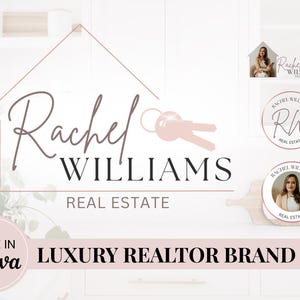 May include: A real estate brand kit featuring the name "Rachel Williams" in a stylish script font, with a house outline and keys graphic. Includes logo variations and the text "LUXURY REALTOR BRAND KIT" and "MADE IN Canva".