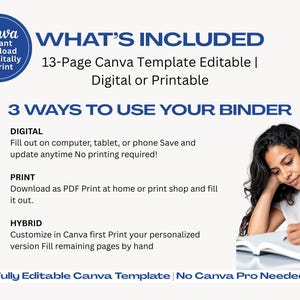 Pet Emergency Binder Canva Template — 13 editable pages. Three ways to use: digital on Canva, printed PDF at home, or hybrid customized and printed. No Canva Pro needed. Fully editable text, fonts, and colors. Includes vaccination records, vet visit log, emergency checklist, feeding schedule, and pet care routine pages. Instant digital download for dog and cat owners.