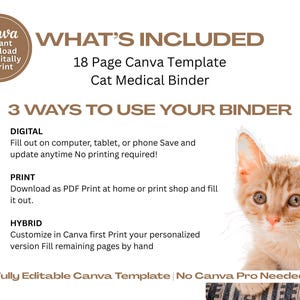 Editable cat medical binder Canva template created to track health records vaccinations medication schedules and vet visits in one organized system. This digital cat health planner includes emergency vet contacts insurance information medication history daily medication logs and prevention trackers. Includes printable pages and digital formats for easy access and sharing.
