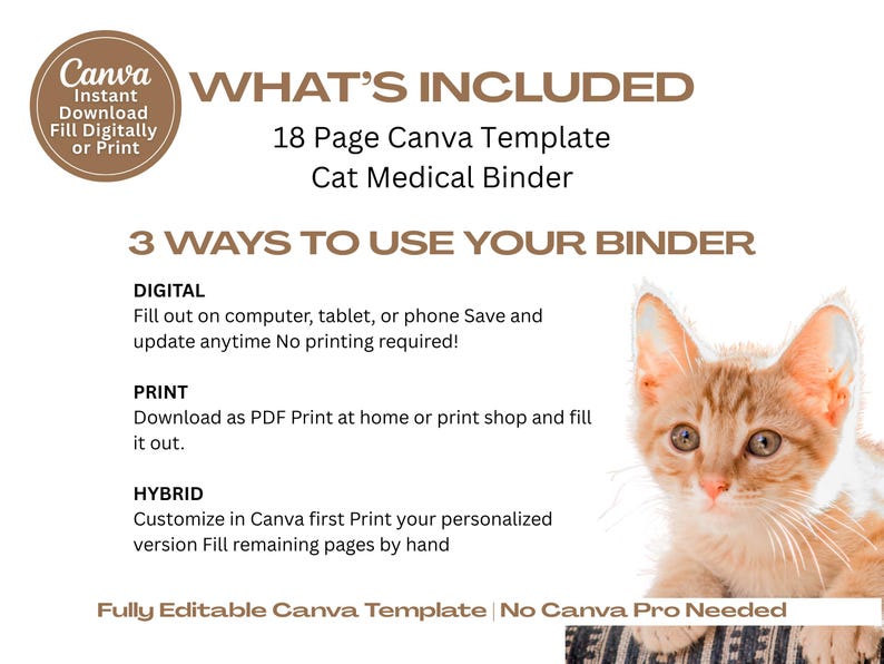 Editable cat medical binder Canva template created to track health records vaccinations medication schedules and vet visits in one organized system. This digital cat health planner includes emergency vet contacts insurance information medication history daily medication logs and prevention trackers. Includes printable pages and digital formats for easy access and sharing.