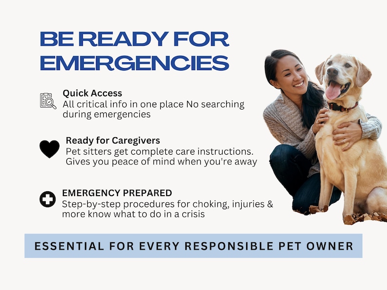 Be ready for emergencies with this printable pet care binder. Quick access to critical pet info in one place. Ready for caregivers — gives pet sitters and family members complete care instructions. Emergency prepared with injury and crisis reference pages. Essential for every responsible dog owner and cat parent. Editable Canva template, instant download, no Canva Pro required.