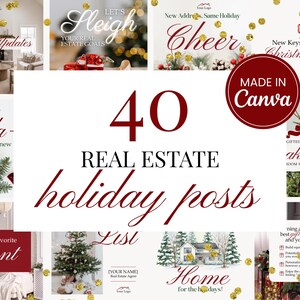 Pode incluir: Uma coleção de 40 posts de feriados imobiliários com designs festivos. A imagem apresenta vários modelos com temas de feriados, incluindo texto como "Sleigh", "Cheer" e "Home for the holidays!" Os posts são projetados no Canva.