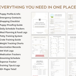 Editable new puppy planner for Canva showing detailed puppy profile pages, emergency contacts, vaccination records, potty training trackers, feeding logs, crate training schedules, and daily care checklists. This printable puppy binder helps dog owners stay consistent, reduce stress, and track every stage of puppy development.