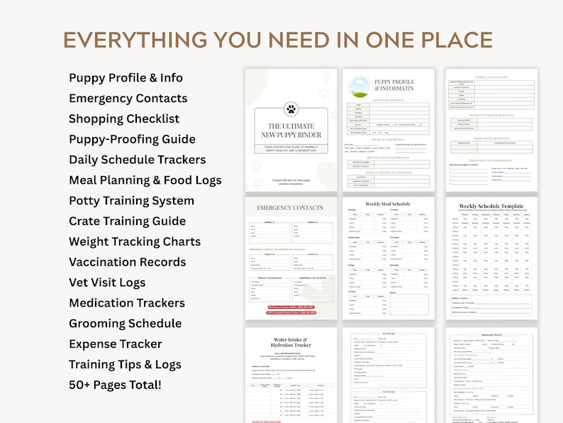 Editable new puppy planner for Canva showing detailed puppy profile pages, emergency contacts, vaccination records, potty training trackers, feeding logs, crate training schedules, and daily care checklists. This printable puppy binder helps dog owners stay consistent, reduce stress, and track every stage of puppy development.