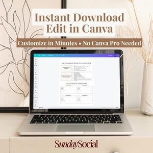 Pu&ograve; includere: Un laptop mostra un documento con il testo "Reazioni al vaccino da osservare" e "Promemoria vaccinazioni". Lo schermo &egrave; illuminato e il laptop &egrave; su una superficie bianca. Il testo sopra il laptop recita "Download istantaneo Modifica in Canva."