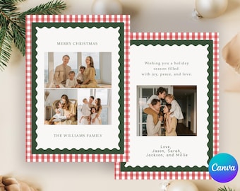 Plaid Christmas Card Template, Red Gingham Holiday Photo, Wavy Frame Happy Holidays Canva