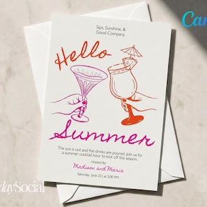 Op de afbeelding: Witte uitnodigingskaart met de woorden "Hello Summer" in roze en oranje script. De kaart bevat illustraties van cocktails en de tekst "Sips, Sunshine, & Good Company." Het evenement wordt georganiseerd door Madison en Maria.