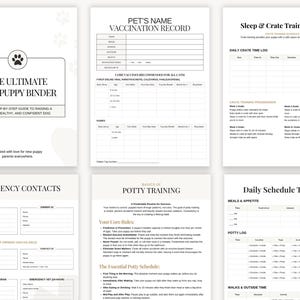 Ultimate puppy binder for dog owners including feeding plans, food transition logs, toxic food lists, medication schedules, flea and tick prevention tracking, and monthly expense logs. This editable Canva template keeps all puppy health and care information in one easy-to-use place.