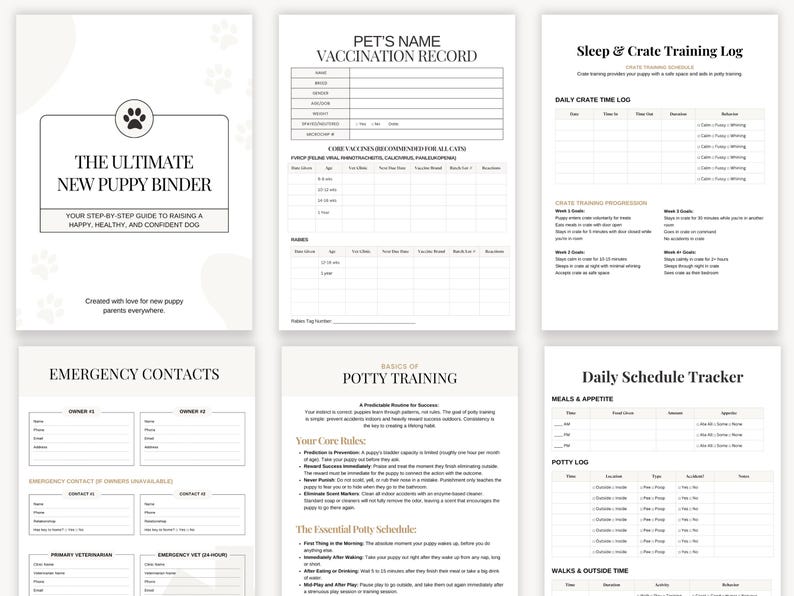 Ultimate puppy binder for dog owners including feeding plans, food transition logs, toxic food lists, medication schedules, flea and tick prevention tracking, and monthly expense logs. This editable Canva template keeps all puppy health and care information in one easy-to-use place.