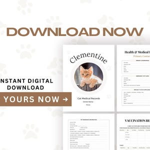 Pu&ograve; includere: Download digitale di cartelle cliniche per gatti. Il documento include sezioni per la storia clinica, i contatti principali, le informazioni sull'assicurazione per animali domestici e i registri delle vaccinazioni. La copertina presenta un gattino di nome Clementine.