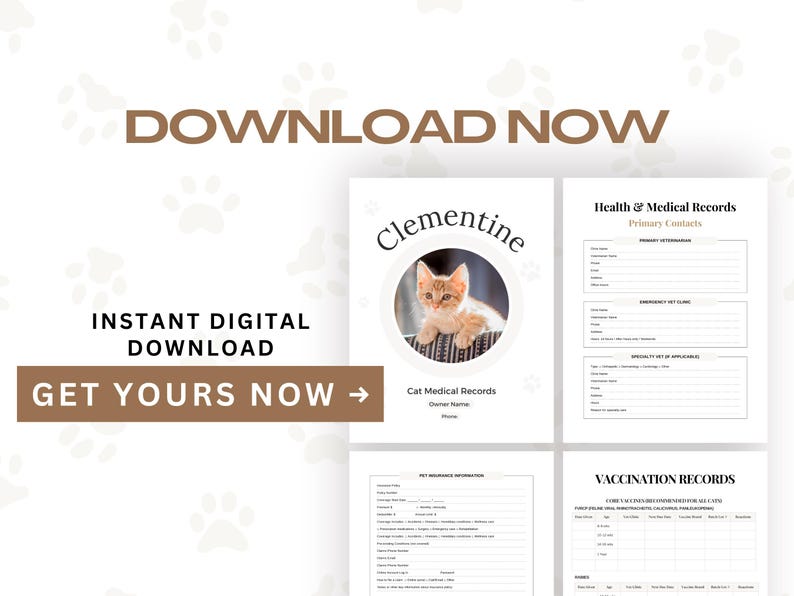 Pu&ograve; includere: Download digitale di cartelle cliniche per gatti. Il documento include sezioni per la storia clinica, i contatti principali, le informazioni sull'assicurazione per animali domestici e i registri delle vaccinazioni. La copertina presenta un gattino di nome Clementine.
