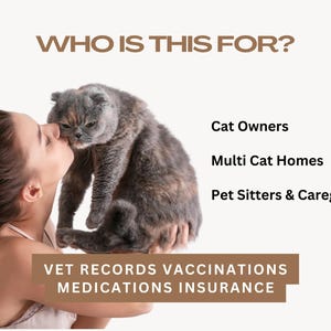 Printable and digital cat medical binder template including vet contact pages vaccination trackers medication logs insurance information and emergency records. This 18 page Canva cat health planner helps pet owners organize medical details in one place and includes a 9x16 format for easy digital sharing and mobile access.