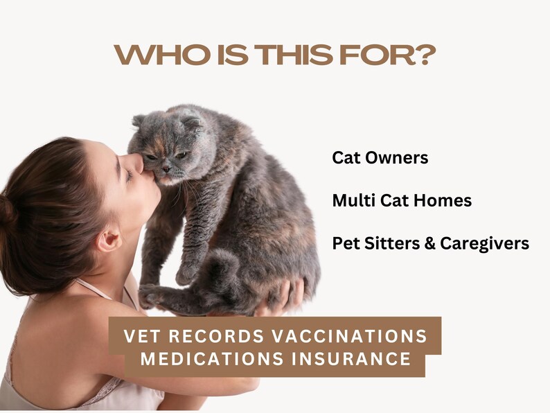 Printable and digital cat medical binder template including vet contact pages vaccination trackers medication logs insurance information and emergency records. This 18 page Canva cat health planner helps pet owners organize medical details in one place and includes a 9x16 format for easy digital sharing and mobile access.