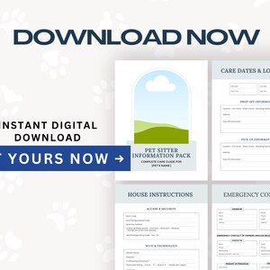 Dog sitter care guide digital download featuring a fully editable Canva template with printable pages for pet routines, medications, feeding instructions, walking schedules, sleep habits, and behavioral notes. Designed to reduce stress for pet owners and sitters by keeping all dog care information organized in one place.