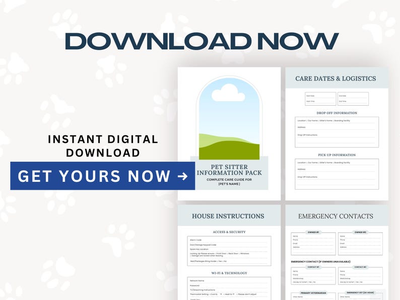 Dog sitter care guide digital download featuring a fully editable Canva template with printable pages for pet routines, medications, feeding instructions, walking schedules, sleep habits, and behavioral notes. Designed to reduce stress for pet owners and sitters by keeping all dog care information organized in one place.