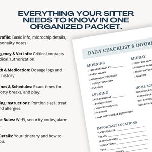 Comprehensive dog sitter instructions printable and digital Canva template including house access details, Wi-Fi info, alarm codes, feeding plans, exercise schedules, sleep routines, and behavioral notes. Perfect for dog owners who want a clear, organized way to communicate care instructions to sitters, walkers, or boarding facilities.