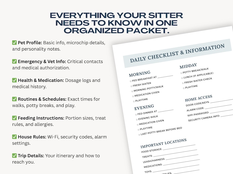 Comprehensive dog sitter instructions printable and digital Canva template including house access details, Wi-Fi info, alarm codes, feeding plans, exercise schedules, sleep routines, and behavioral notes. Perfect for dog owners who want a clear, organized way to communicate care instructions to sitters, walkers, or boarding facilities.