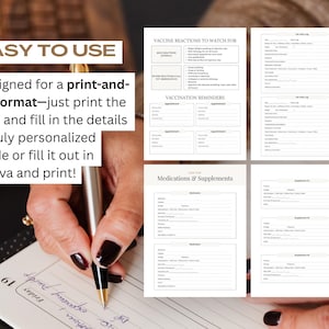 Cat health and medical record binder template editable in Canva with pages for vaccination records medication schedules vet visit logs insurance details flea tick and heartworm prevention. Designed for cat owners who want a simple organized system to manage medical care and stay prepared for emergencies or routine vet visits.