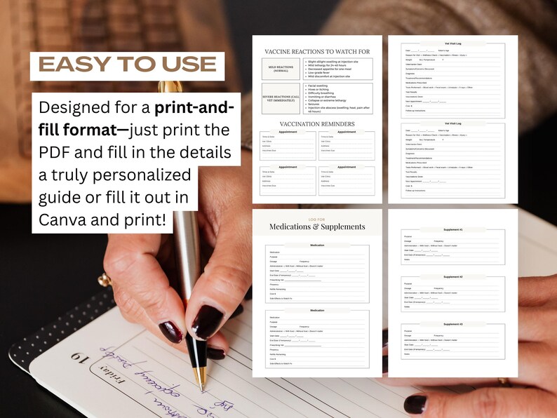 Cat health and medical record binder template editable in Canva with pages for vaccination records medication schedules vet visit logs insurance details flea tick and heartworm prevention. Designed for cat owners who want a simple organized system to manage medical care and stay prepared for emergencies or routine vet visits.