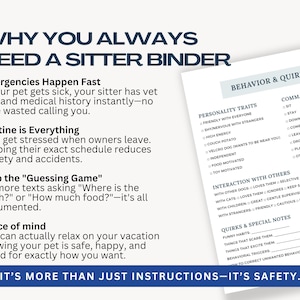 Pet sitter checklist and dog care binder printable for Canva designed for travel preparation, weekend trips, and extended vacations. Includes feeding instructions, potty schedules, favorite toys, comfort notes, grooming routines, and daily checklists so pet sitters can follow care instructions confidently and consistently.