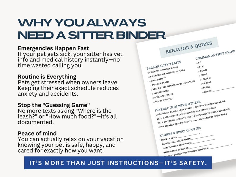 Pet sitter checklist and dog care binder printable for Canva designed for travel preparation, weekend trips, and extended vacations. Includes feeding instructions, potty schedules, favorite toys, comfort notes, grooming routines, and daily checklists so pet sitters can follow care instructions confidently and consistently.