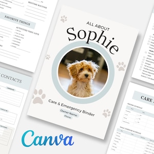 Modello Canva per raccoglitore di emergenza per animali domestici, registro di cura per cani e gatti, organizzatore di informazioni veterinarie, stampabile e digitale.