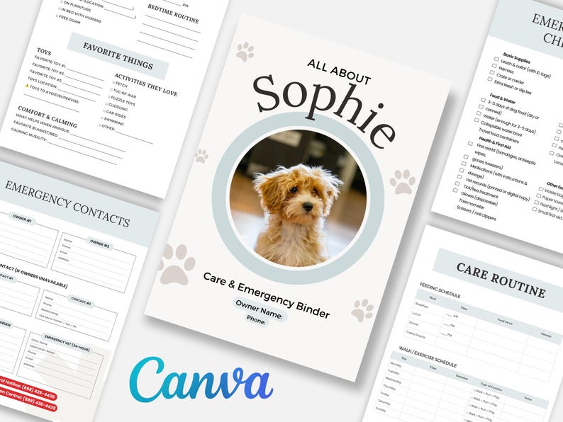 Pet Emergency Binder Canva Template for dog and cat owners. Editable digital pet care organizer with cover page, emergency contacts, vet records, and care routine sections. Printable 8.5x11 letter size. Customize in a free Canva account. Includes photo space and pet profile page. Instant download. No Canva Pro required. Perfect for responsible pet owners, pet sitters, and multi-pet households.