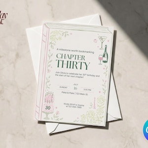 Pode incluir: Um convite de aniversário retangular desenhado como um livro aberto com ilustrações de linhas rosa e verdes de um bolo, vinho e flores. O texto diz: A milestone worth bookmarking CHAPTER THIRTY, Join Olivia to celebrate her 30th birthday, July 16, 3:00 PM, Petal & Plate, 123 Main St., Kindly RSVP to Sophia at 123-456-7689.