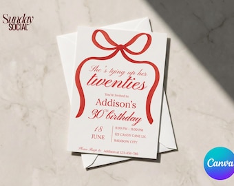 Invito per il 30° compleanno con fiocco rosso e invito Coquette scaricabile immediatamente da Canva