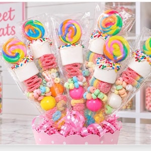 May include: A bouquet of five individually wrapped candy skewers arranged in a pink scalloped container. Each skewer features a colorful swirled lollipop, a large white marshmallow topped with rainbow sprinkles, and various gummy candies.