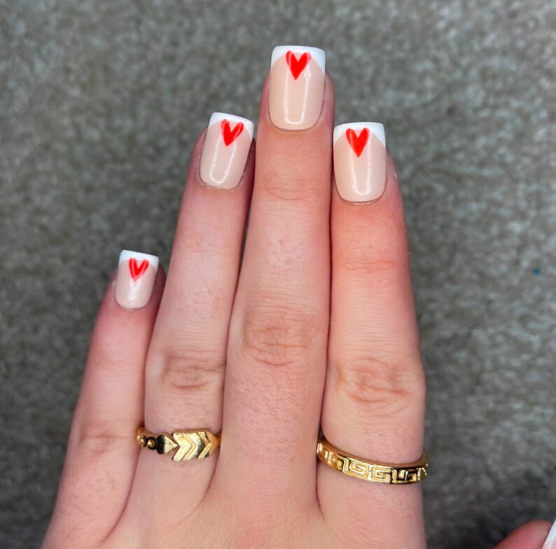 Valentines Day Nails Red Heart Nails White French Tip Etsy UK