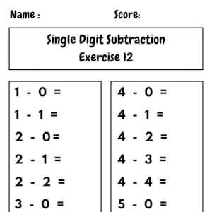 May include: Black and white printable worksheet for single-digit subtraction. The worksheet is divided into two columns with subtraction problems. The title reads "Single Digit Subtraction Exercise 12".