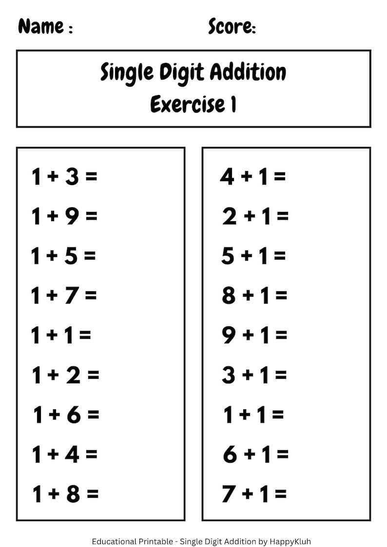 30 printable single digit addition worksheets instant download etsy