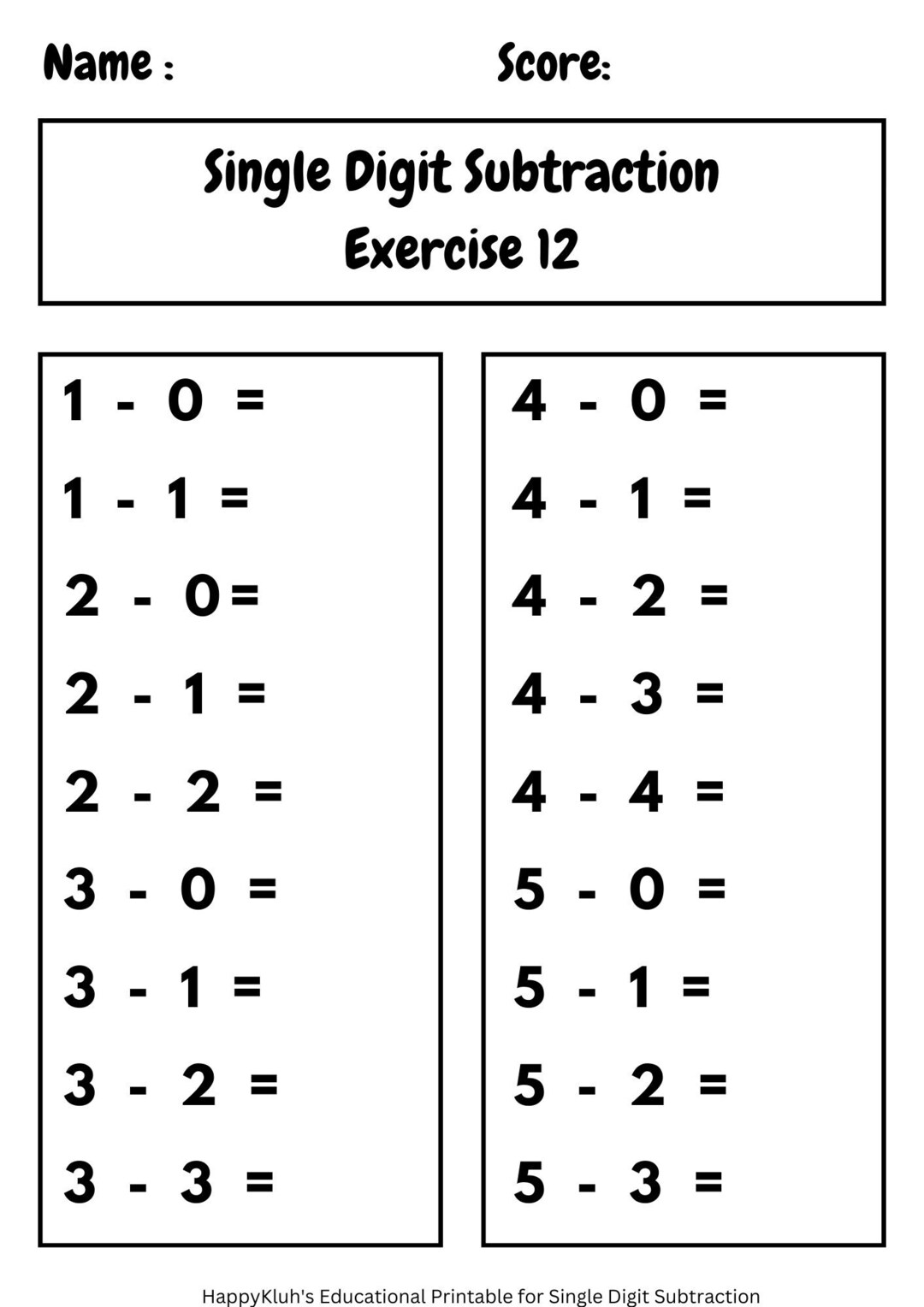 30 Printable Single Digit Subtraction Worksheets. 1 Free Page ...