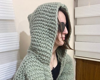 Handknit Chunky Wool Hoodie, Light Green Slouchy Crop Cardigan