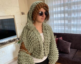 Chunky Knit Wool Cardigan Set, Green Slouchy Hoodie, Oversize Cropped Sweater