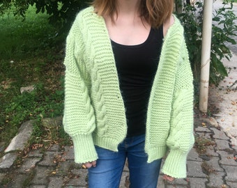 Handmade Oversized Knit Cardigan, Light Green Bohemian Sweater
