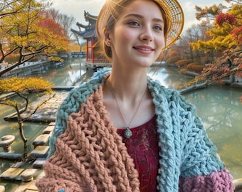 Cárdigan de lana merino de punto grueso hecho a mano - Colores arcoíris