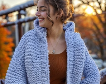 Hand Knit Chunky Wool Hooded Cardigan - Light Blue Oversized Jacket
